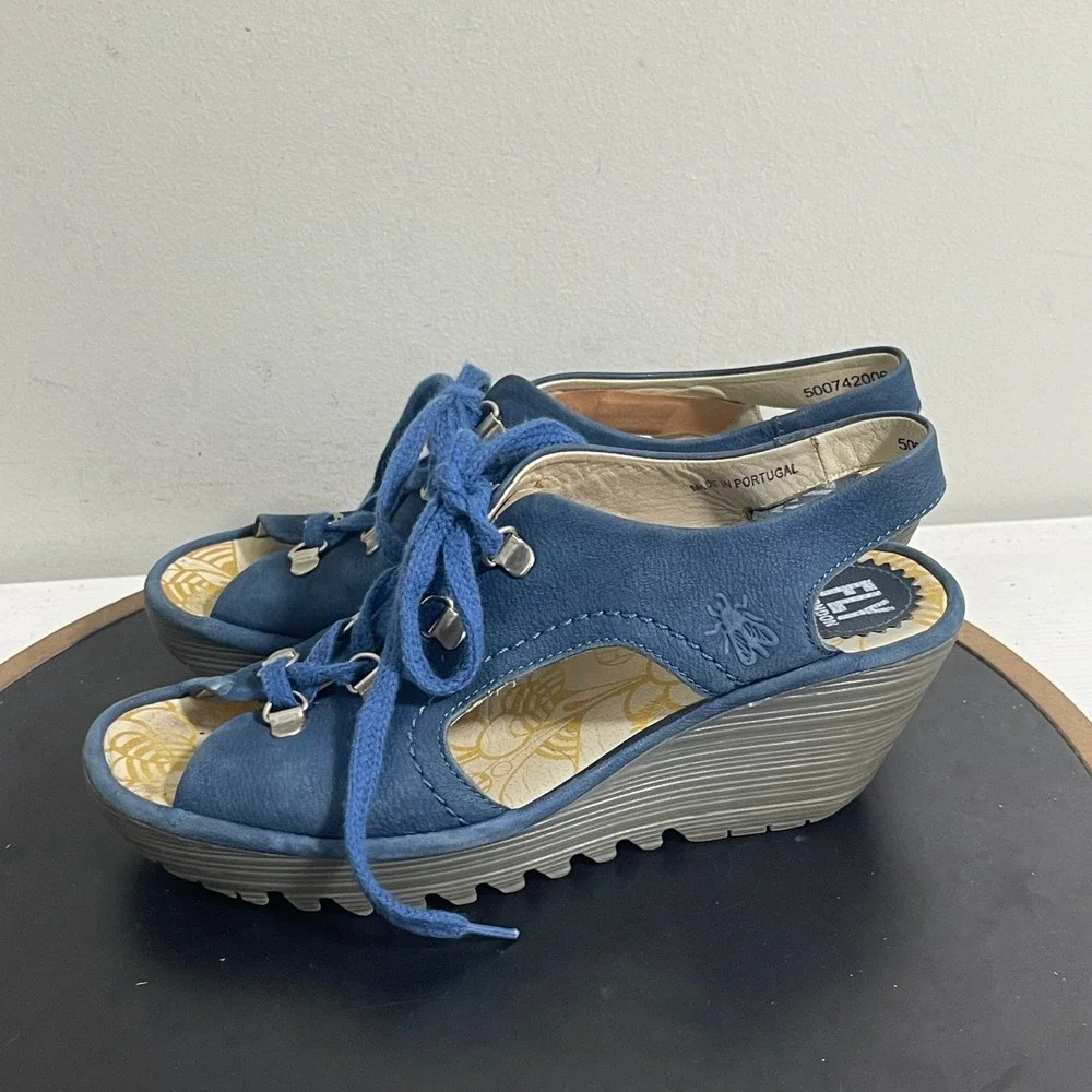 Fly London Slingback Wedge Sandals 8.5 / 39‎ Blue Suede Leather Lace Up Casual
